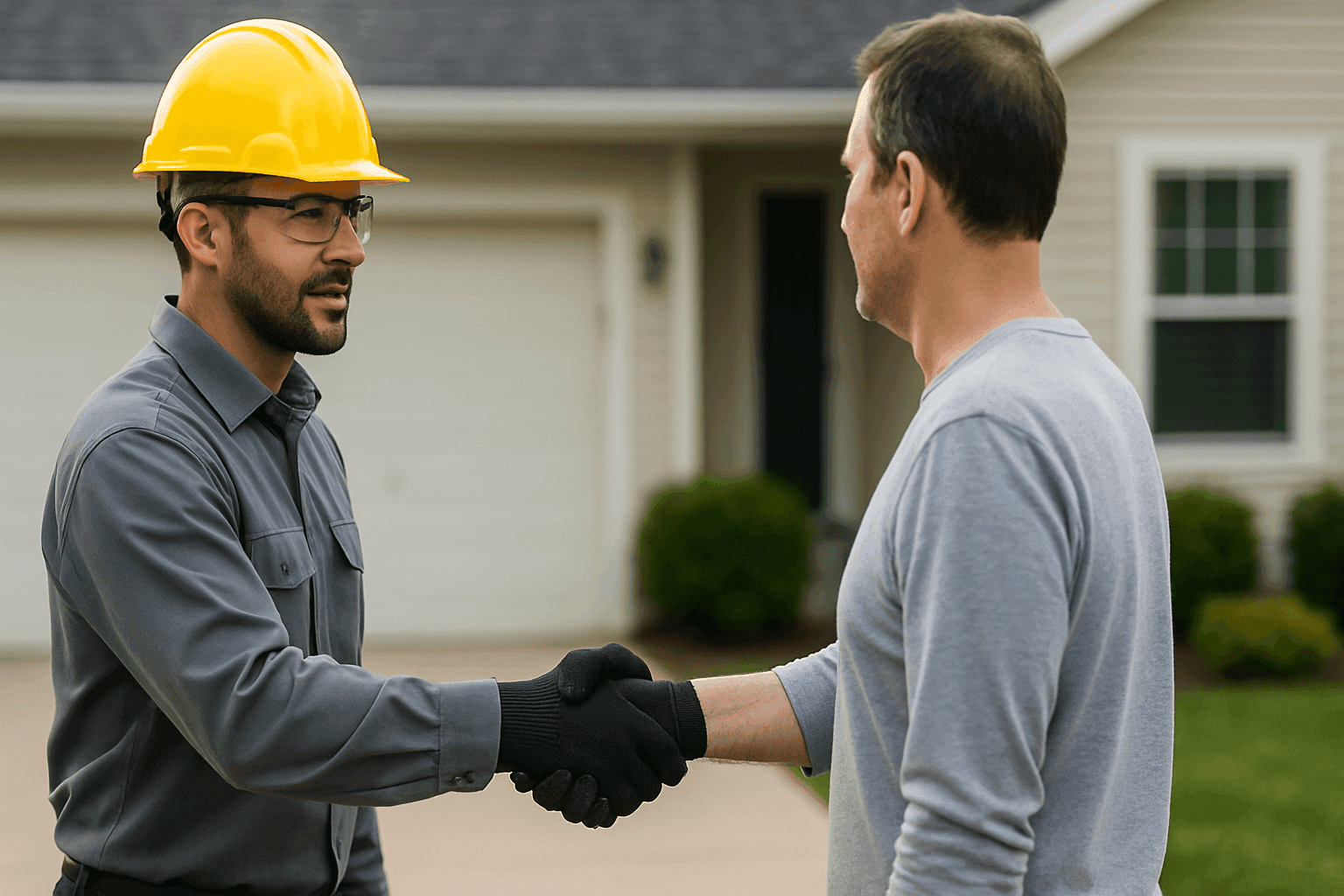 Homeowner shaking hands with roofing contractor outside home
