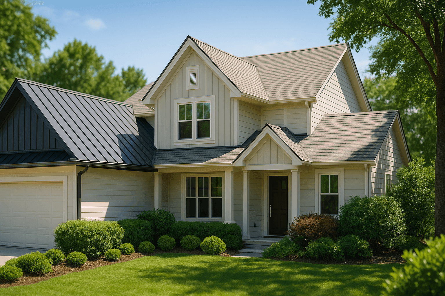 Modern home with metal and cool shingle roofing, surrounded by greenery