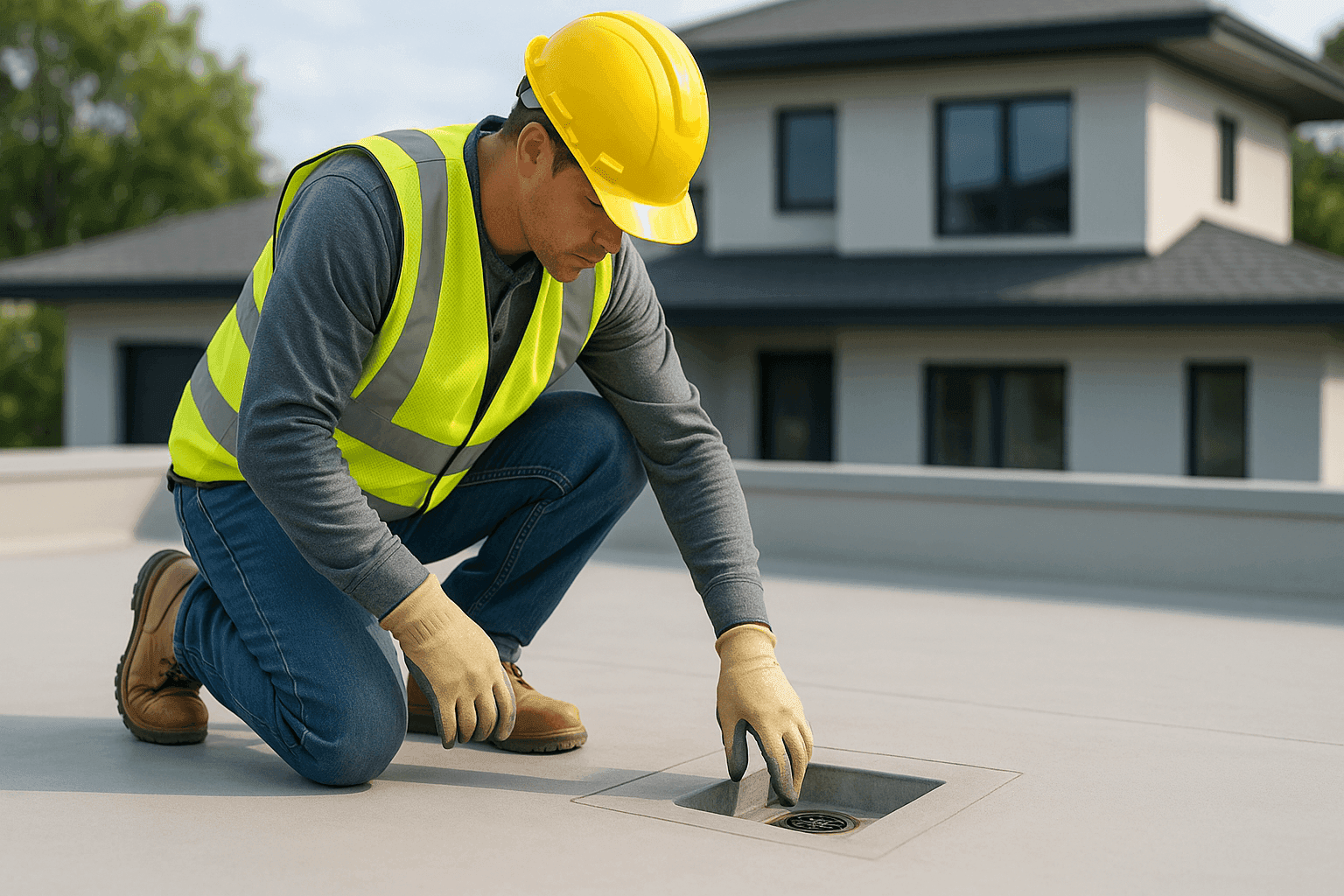 Technician inspecting flat residential roof with drainage system