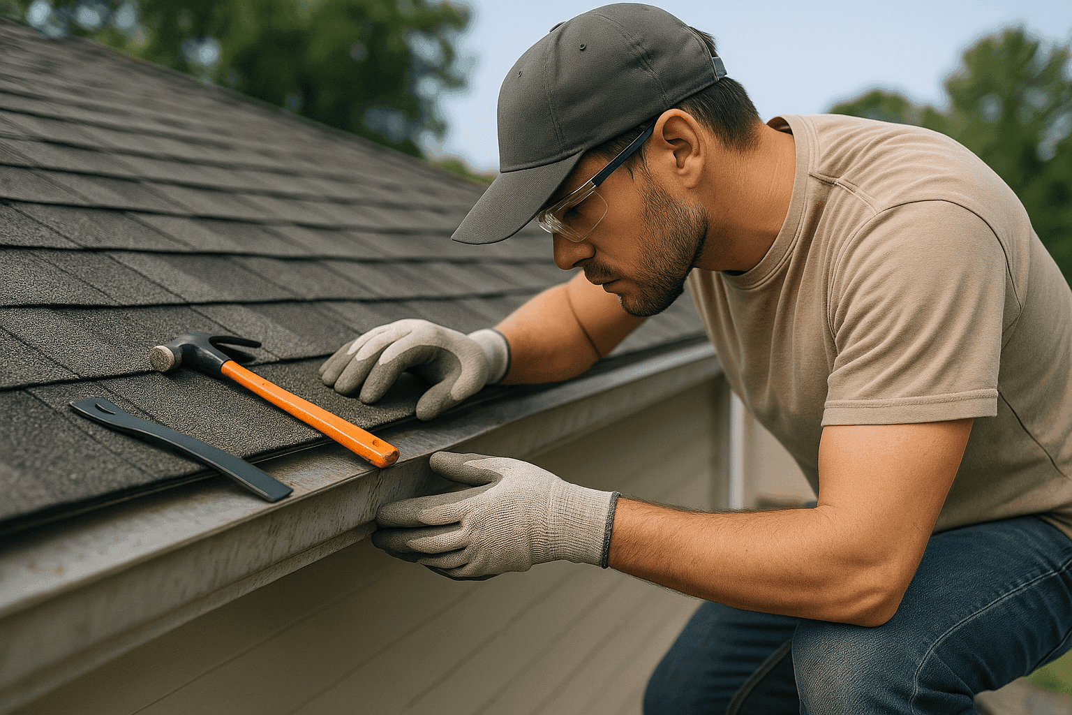 Homeowner inspecting roof shingles and flashing for leaks