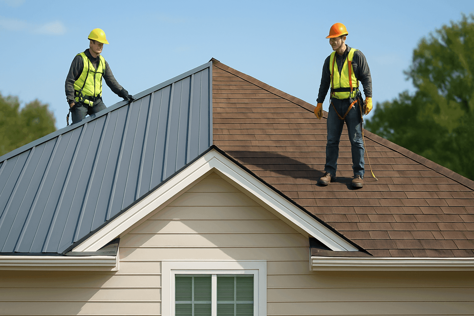 Close-up split image of metal and shingle roof sections side by side