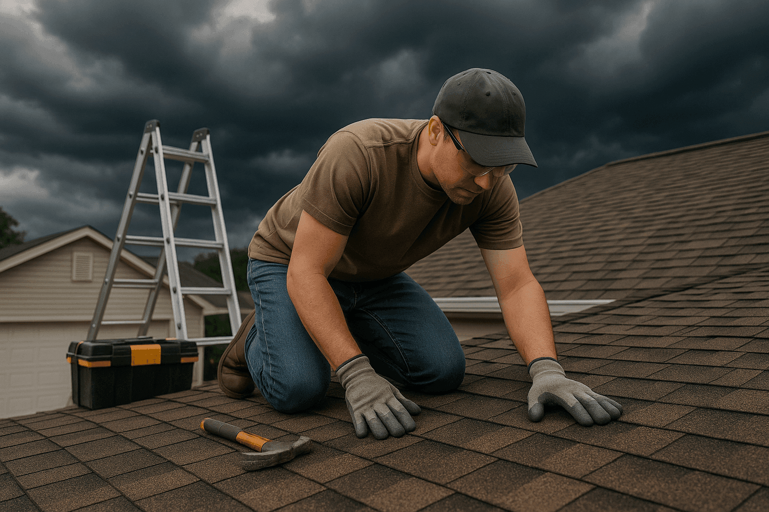 Homeowner inspecting roof before severe weather storm