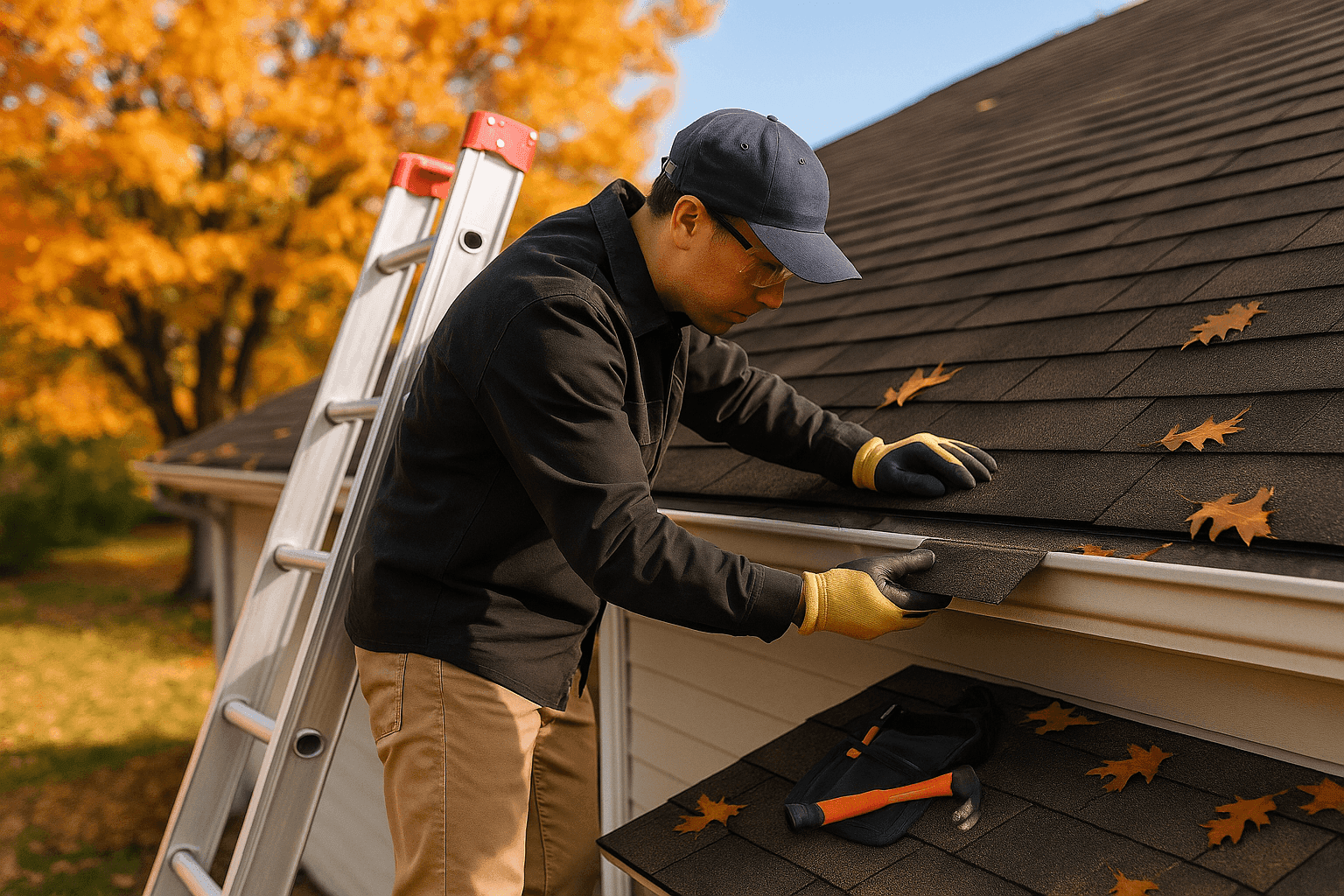 Homeowner performing seasonal roof inspection with ladder on residential roof