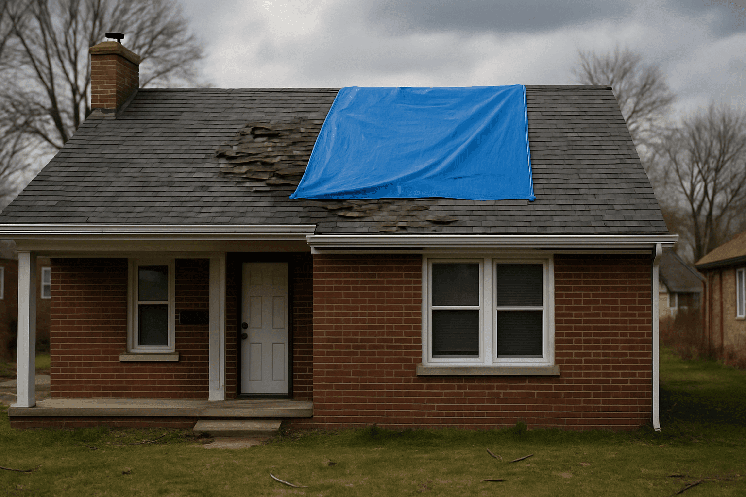 Damaged roof with missing shingles and emergency tarp after storm