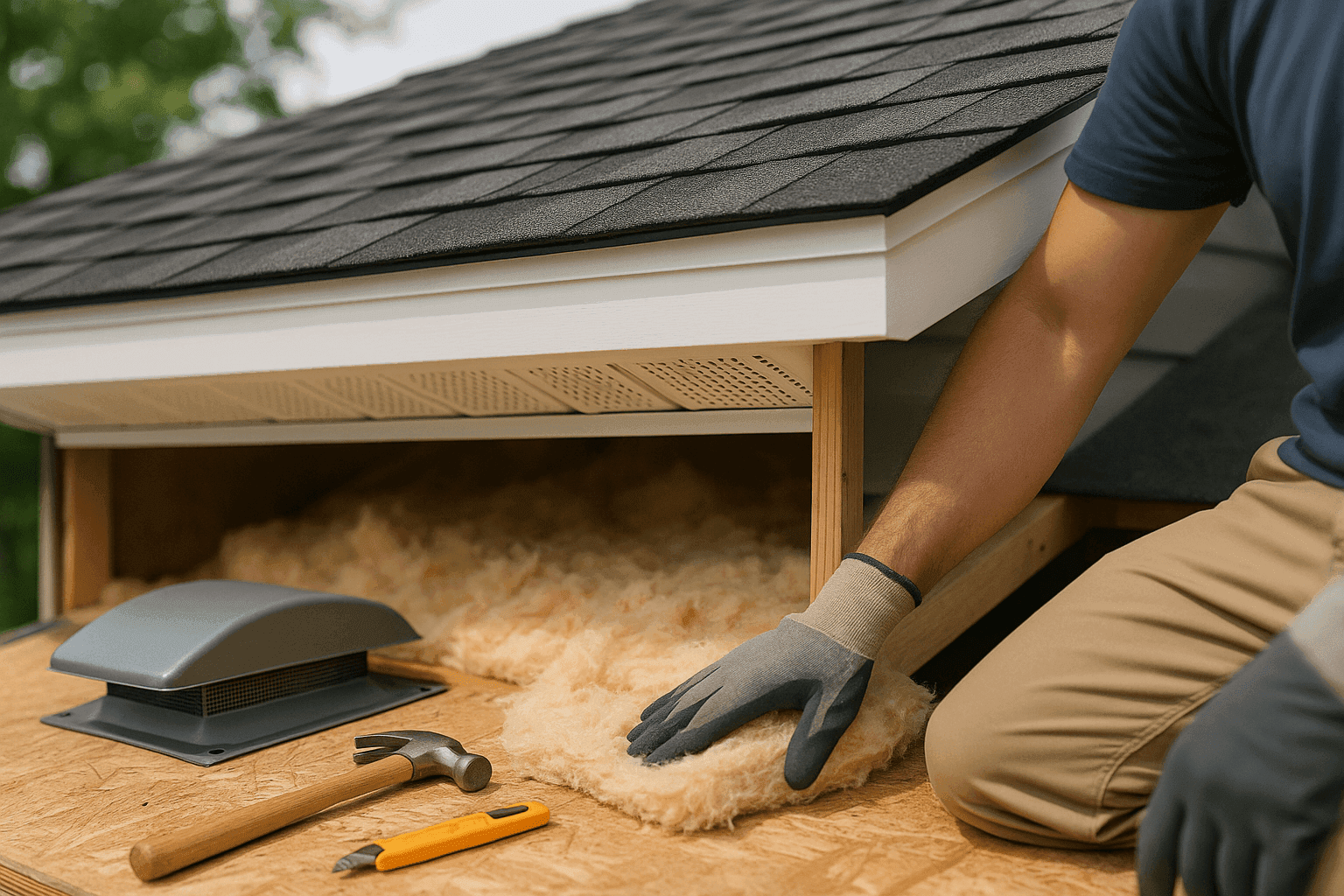 Roof ventilation vents and attic insulation materials under daylight